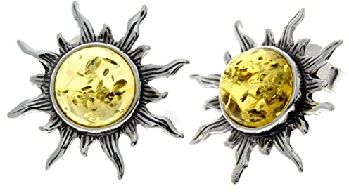 Äkta runda baltisk bärnsten och 925 sterling silver örhängen sol stjärnor stil örhängen - 8222, Sterlingsilver, Bärnsten