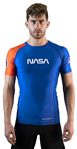 Sanabul NASA Kompressions-Rashguard für MMA BJJ Wrestling Jiu Jitsu, kurzärmelig, Blau/Orange, L