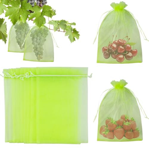 KINGLAKE 50Pcs Fruit Protection Netting Bags, Green Organza Gift Bags Large, 15x20cm Garden Plant Protect Net Bags for Fruits Tree Strawberry Grape, Insects Barrier Vegetables Mesh Bags