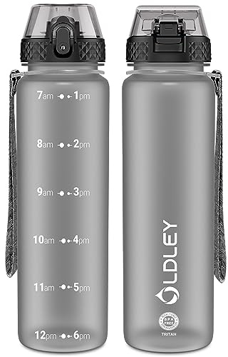OLDLEY 1L/32oz Sports Water Bottle with Straw, 1000ml Motivational Drinks Bottle with Time Markings Leak Proof Drink & Lock Cover, BPA Free for Gym School Cycling Running Hiking
