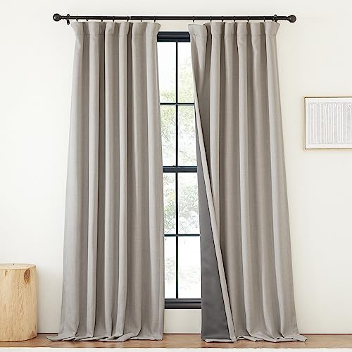 NICETOWN Faux Linen 100% Blackout Curtains for Bedroom, Pinch Pleated Room Darkening Heat Blocking Thermal Curtains Sound Reducing Window Treatment for Living Room, Angora, W50 x L108, 1 Panel