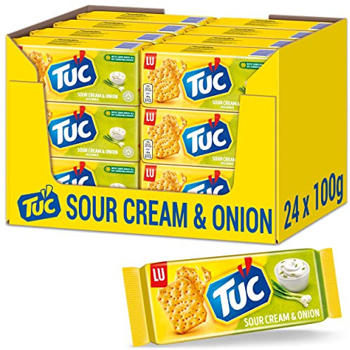 TUC Sour Cream & Onion 24 x 100g I Salzgebäck Großpackung I Knabbergebäck mit Sauerrahm-Zwiebel-Geschmack I Fein gesalzene Snack-Cracker