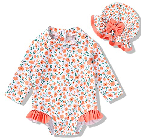 Infant Baby Girl Swimsuit One-Piece Long Sleeve Rash Guard with Hat Set Floral Zipper Bathing Suit Leopard Beach Wear(Orange, 3-6M)