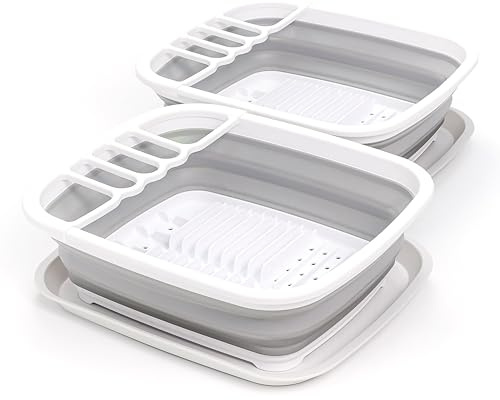 SAMMART 8L zusammenklappbares Abtropfgestell aus Kunststoff mit Abtropfbrett – faltbares Wäscheständer-Set – tragbarer Geschirr-Organizer (Weiß/Grau (2er-Set), 2)