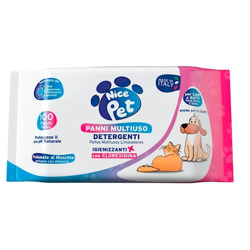 Nice Pet Salviette Multiuso Detergenti Igienizzanti per Cani e Gatti, Formulazione Profumata al Muschio con Clorexidina, Confezione da 100 Salviette Umidificate
