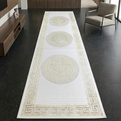 CARPETIA Teppich Orientmuster Creme Gold mit Glanzeffekt 100x300 cm | Pflegeleicht, strapazierfähig und schmutzabweisend, OEKO-TEX geprüft, für Fußbodenheizung, mit Glanzeffekt