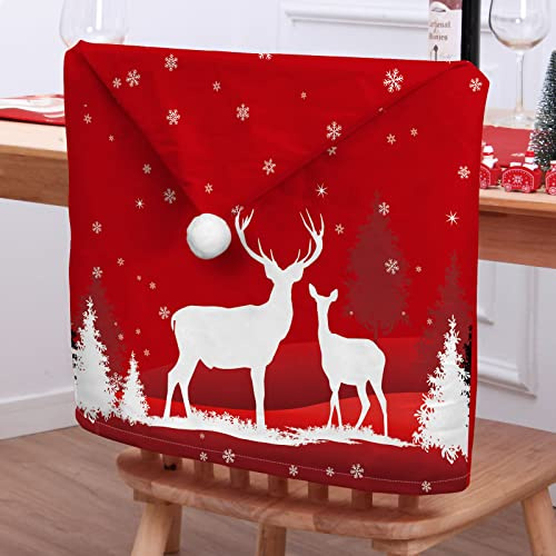 Morbuy Weihnachten Stuhlhussen 2-8er Set Nikolausmütze Esstisch Stühlen Set, Weihnachtsdeko Stuhlhussen Hussen für Esszimmerstühle, Weihnachtsfeier (4er Set,Rot Hirsch)
