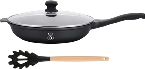 Stone&Stone Padella Antiaderente 32 cm | Rivestimento Tedesco GREBLON C3+ | Fondo 100% Acciaio Induzione e Gas | Superficie Ultra Resistente per Cotture Ampie | Padelle da Chef + Coperchio + Mestolo
