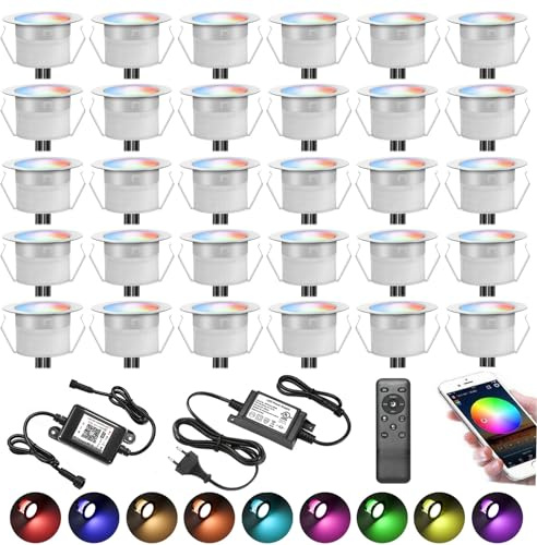 30er WiFi RGBWW Led Bodeneinbauleuchten Terrassenbeleuchtung Bodenstrahler Arbeitet mit Alexa,DC12V Ø31mm LED Einbaustrahler 0.6W LED Boden WiFi Wireless Smart bodeneinbaustrahler