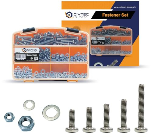 Civtec Schrauben Set, Edelstahl Schrauben und -Muttern, 17 Arten Von Sechskantschrauben und Unterlegscheiben, PH2x50-bits, Verschenkbarer Werkzeugkasten, M4-M5-M6, 597-Teiliges Set