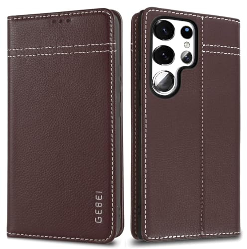 Gebei Hülle Echt Leder für Samsung Galaxy S24 Ultra 5G - Premium Lederhülle mit Standfunktion Kartenfach Flip Case Ledertasche Handyhülle Schutzhülle Klapphülle – Braun