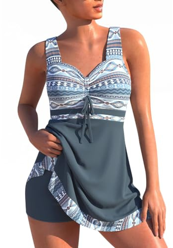 Minetom Maillot de Bain Robe Tankini Amincissant Push Up Bikini à Jupette Tankini Ensembles Maillots Set Beachwear 2 Pieces E Gris XXL