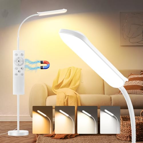 Bianco Lampada da Terra LED, Dimmerabile 18W 1800LM Luminoso Lettura Piantana Bianco con,Telecomando Magnetico, Collo D'oca Flessibili a 360°,Timer 1H, per Soggiorno Letto Ufficio