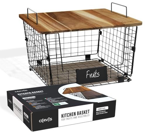 CERVAS - Organizador Frutas y Verduras | Cesta Multiusos 37x32x26 cm, Tabla de Cortar Madera de Acacia Incluida 36x32x1,25 cm | Fruteros de Cocina Modernos | Verdulero Cocina | Organizador Verduras