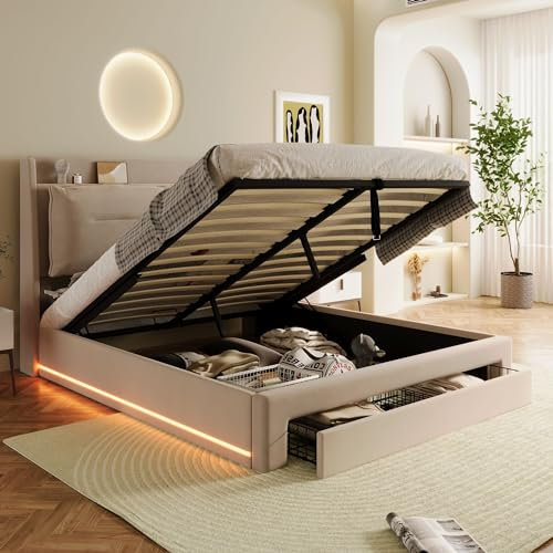 Polsterbett 140x200, Hydraulisch Stauraumbett mit LED-Beleuchtung und Schublade, LED Doppelbett mit Großer Stauraum und Lattenrost, Funktionsbetten Rückenlehne Bettgestell, ohne Matratze, Samt, Beige