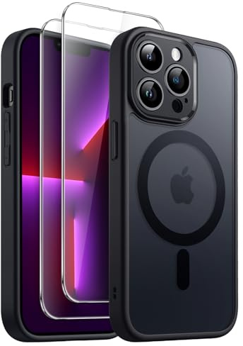 JETech 3-in-1 Matte Magnetische Hülle für iPhone 13 Pro, Schwarz | Kompatibel mit MagSafe, 2 Gehärtete Glas Schutzfolien, Matte Transluzent Rückseite, Stoßschutz