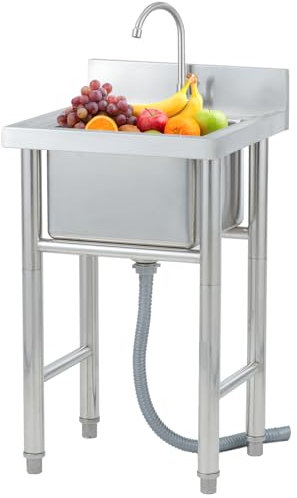 Edelstahl Küchenspüle Spültisch mit Abflussrohr, Freistehender Outdoor-Spül mit Wasserhahn, Gewerbliche Küchenspüle, Freistehende Spüle Küche für Bauernhöfen, Hinterhöfen, Küchen