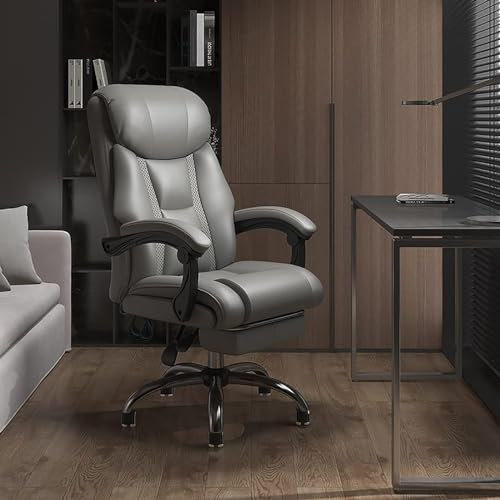 GYDUHYE Chefsessel mit hoher Rückenlehne – Liegestuhl aus Leder mit Rollen für bequemes Arbeiten – Boss Stuhl für Erwachsene (Größe: 64 x 46–54 cm, Farbe: Grau)
