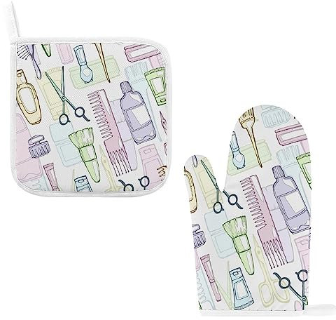 Ofenhandschuhe und Topflappen, Set mit 2 bunten Haarschnitt-Wärmehandschuhen und heißen Pads, Schere, Shampoo-Topflappen für Küche, Backen, Kochen, Grillen