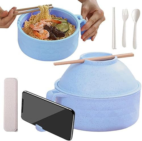 Ensemble de bols à ramen pour micro-ondes - Bol à nouilles avec baguettes - Passe au micro-ondes - Bol à ramen - Bol de cuisson à micro-ondes - Bol de cuisson à ramen avec couvercle (bleu)