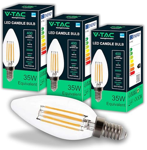 V-TAC 3x Lampadine LED Filamento Candela con Attacco E14-4W (Equivalenti a 35W) - 400 Lumen - Lampadina LED Massima Efficienza e Risparmio Energetico - 3000K Luce Calda