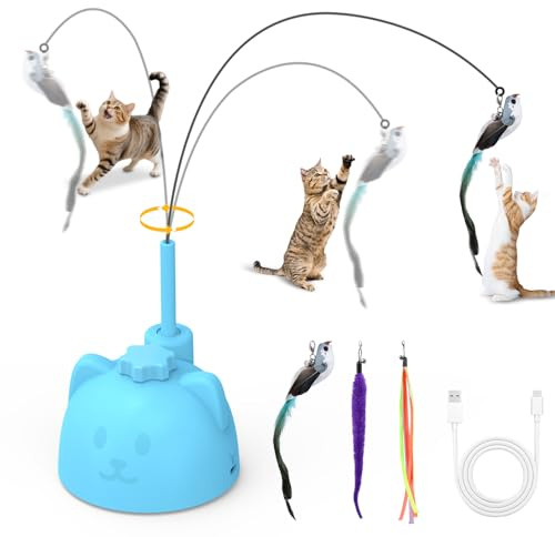 ORIA Elektrisches Interaktives Katzenspielzeug mit Vogel/Band/Raupe | Teaser Katzen Zauberstab Spielzeug, Wiederaufladbares Spielzeug für Indoor Katzen, Blau