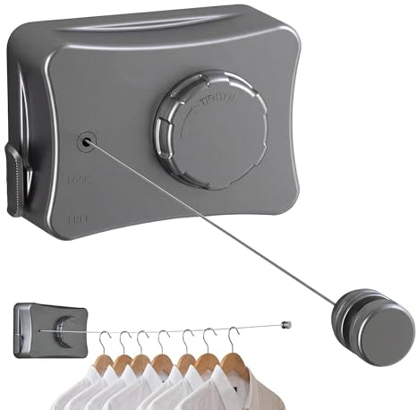 WäScheleine Ausziehbar Wand Edelstahlseil: 5.1M Verstellbare Ausziehbare Wäscheleine Retractable Clothesline für Drinnen und DraußEn zum Trockene Kleidung Für Balkon Waschküche Laundry(Grau)