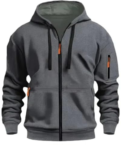 MakingDa Herr Zippad Huvtröja Pulloverfickor Långärmad Genomdragsbar Manschettskjorta Hoody Fleece Enkel Regelbunden Passform Vardaglig Huvtröja Toppar, Mörkgrått, XL