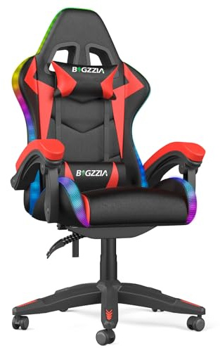 Racingreat LED Gaming Stuhl mit RGB-Lichtleiste (Rot) | Gaming Chair RGB, Kopfstütze Lendenwirbelstütze, Höhenverstellbar 90°–135° Neigungswinkel, Junge Erwachsene Büro Pause