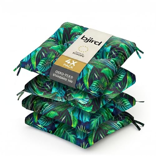 Bjird Wasserdichtes Stuhlkissen 45x45 cm – Gartenkissen für Stühle & Sessel – Dickes Sitzkissen 6 cm – Outdoor Sitzauflage für Gartenmöbel – Wetterfest & Pflegeleicht - 4er Set - Blaue Blätter