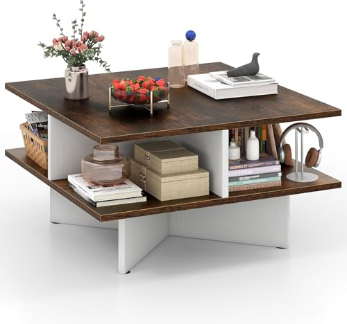 GIANTEX Tavolino quadrato a 2 livelli, tavolino da caffè in legno con 4 scomparti aperti e base a forma di X, 60 x 60 x 33 cm, tavolino per soggiorno, ufficio (marrone+bianco)