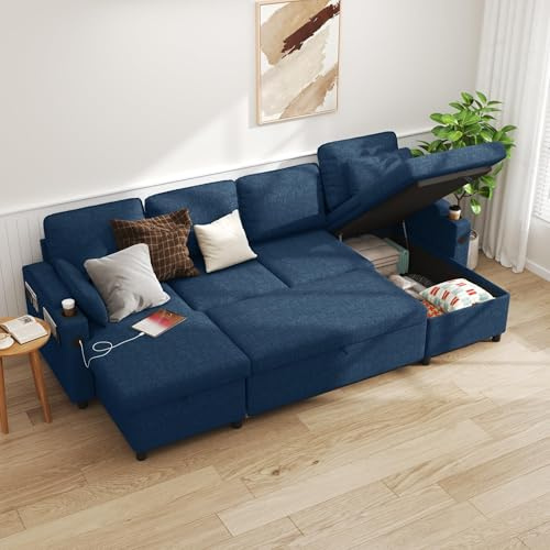 DURASPACE Ausziehbares Schlafsofa mit doppeltem Stauraum, U-förmiges | wandelbares Sektionalschlafsofa für Wohnzimmer mit USB-Ladeanschlüssen, Getränkehalter (Dunkelblau)