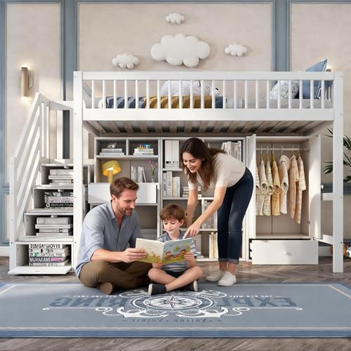 KUIKUI High Sleeper Bed with Desk and Wardrobe, Loft Kids Bed with Bookshelves and Storage Stairs, No Mattress Included, 90x190cm, White