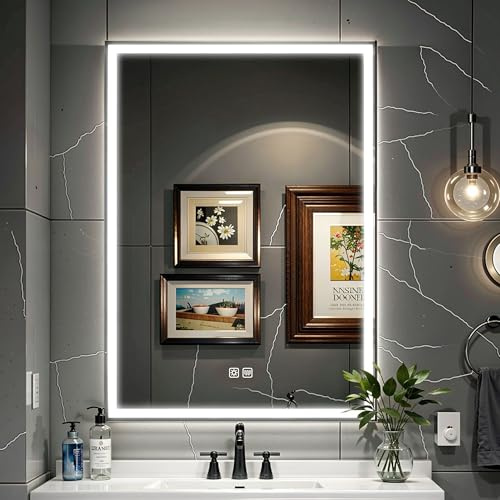 SogesPower Alu Badezimmer Spiegelschrank 50x70x13cm mit LED Beleuchtung & Anti-Beschlag, Modernes Wandschrank mit Stauraum mit höhenverstellbaren Fächern, IP44 Schutz (Sandschwarz)