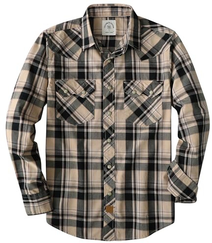 Dubinik Långärmade bomullströjor med tryckknappar i västerländsk stil jeansskjortor för män, Khaki och svart, 3XL