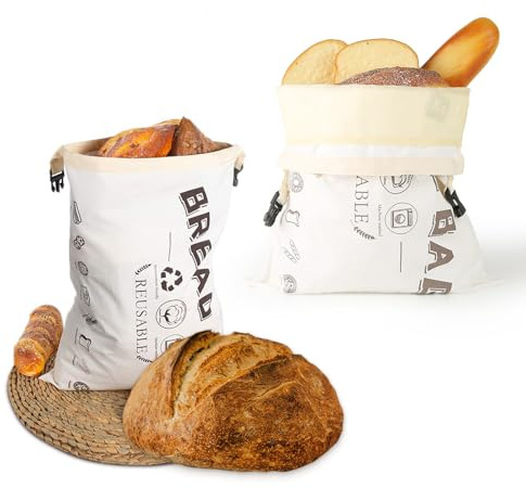 2 Pack Reusable Beeswax Bread Bags, 17 x 12 Inch Natural Cotton Reusable Bread Bags, Large Capacity Snap-on Beeswax Bread Storage Bags, Food Storage Cloth Bags, Freezer Safe