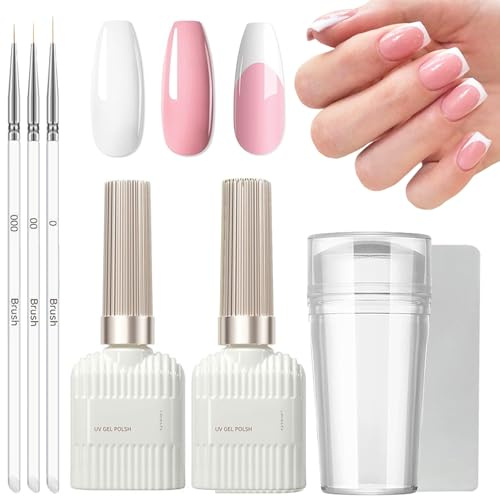 Pink French Manicure Kit - 2PCS Gel Nail Polish Set - Solid Pink White Nail Polish French Nail Tool Set with Nail Stamper - Inside 3PCS Thin Nail Art Brushes UV Lamp Required Nail Art