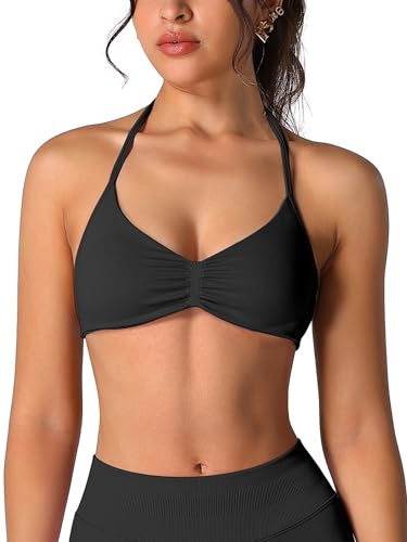 Odizli Sport BH Damen Starker Halt Neckholder Rückenfrei Sportunterwäsche Push Up Sportbh ohne Bügel Bügelloser Yoga Fitness Bustier Bra Top Oberteile Frauen Sporttop Sportbekleidung Schwarz M