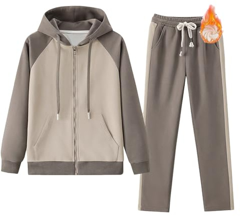 amropi Donna Tuta da Vello Foderato Giacca con Cappuccio e Jogging Pantaloni Inverno Caldo Sportivo Completo caffè, M