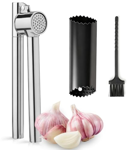 VINATO Presse Ail Inoxydable, Ustensiles de Cuisine Inox, Ecrase Ail pour Cuisine avec Eplucheur et Brosse de Nettoyage, Hachoir Manuel Professionnel et Gadget de Cuisine Pratique