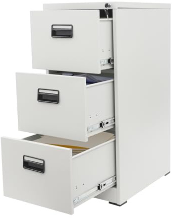 Brride Aktenschrank Abschließbar mit 3 Schubladen, Druckerständer, Metall Büroschrank für Homeoffice, Aufbewahrungsschrank für A4- und Letter-Formate (Grauweiß, mit Handschuhen)