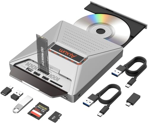 Alxum Lecteur CD - Graveur DVD USB 3.2 avec Emplacements M.2 et SD/Micro SD – Tout-en-Un à 10 Gbps pour PC, Mac, Linux, Windows – Plug & Play (Gris ABS)