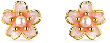 PERIMADE Boucles d'oreilles à tige délicates en forme de fleur de Sakura rose - Plaqué or 18 carats - Petites perles de cerisier - Pour femme - Argent sterling 925 massif - Hypoallergéniques - Ne