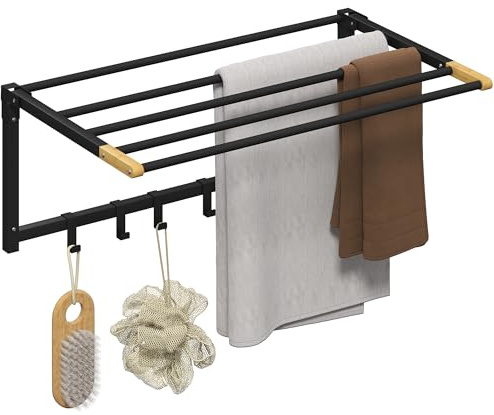HOMCOM Toallero de Baño de Pared, Toallero Plegable con 5 Barras y 6 Ganchos, para Toallas, Baño, 60 cm, Negro