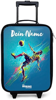 NoBoringSuitcases© Kinderkoffer Klein Personalisiert mit Name Rollkoffer | 48x31x19 cm - Kleiner Kinder Koffer mit LED Rollen für Kind Suitcases Neon - Fußball - Kick - Farbenfroh