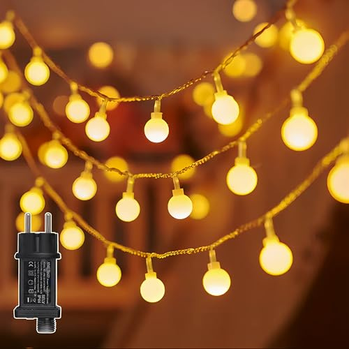 Guirnalda de Luces con Enchufe 30m 200 LED en Bolas Blancas, 8 Modos de Iluminación, Guirnalda Luces Exterior IP44 para Jardín Grande, Terraza y Balcón, Luces Decorativas para Fiestas, Bodas y Navidad