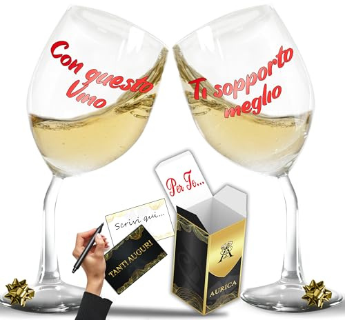 Aurìca Coppia Calici Vino Personalizzati CON QUESTO VINO...– Bicchiere Piegato Per Lui E Lei Per Ridere Insieme A San Valentino - Idea Regalo Originale E Divertente Con Confezione Regalo Inclusa