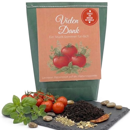 Saatgut Geschenkset Pizza-Garten – Vielen Dank Geschenk mit Tomate, Basilikum & Oregano Samen, Pflanzerde, Pizza-Rezept & Geschenktüte, nachhaltiges Mitbringsel | Saatgut Geschenkset Pizza-Garten Vielen Dank Tomate Basilikum Oregano