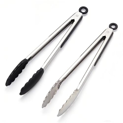 QUNXON 2 stycken 34 cm grilltång, kökstång rostfritt stål, korvtång silikon, BPA-fri, maskintvättbar för grillning, matlagning, bufféer