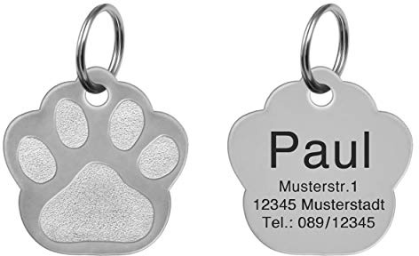 Hundemarke mit Gravur personalisiert Edelstahl Name Pfote Standard Silber